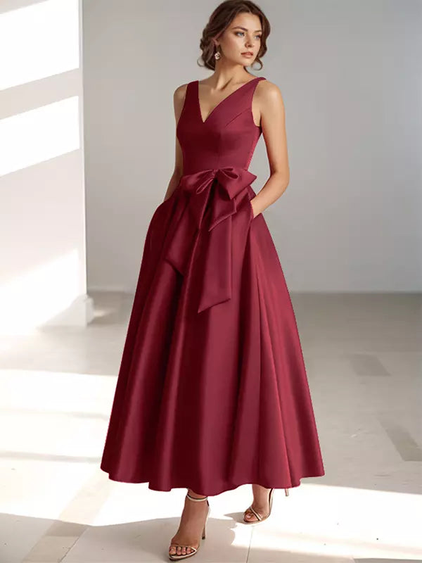 Women's A-Line Midi Dress with V-Neckline and Structured Bow Waist