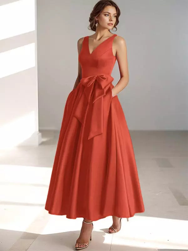Women's A-Line Midi Dress with V-Neckline and Structured Bow Waist
