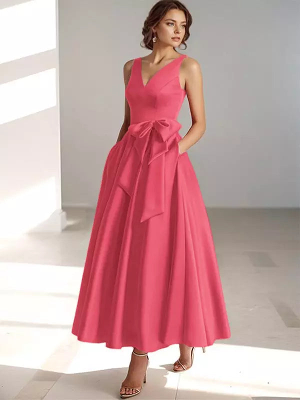 Women's A-Line Midi Dress with V-Neckline and Structured Bow Waist