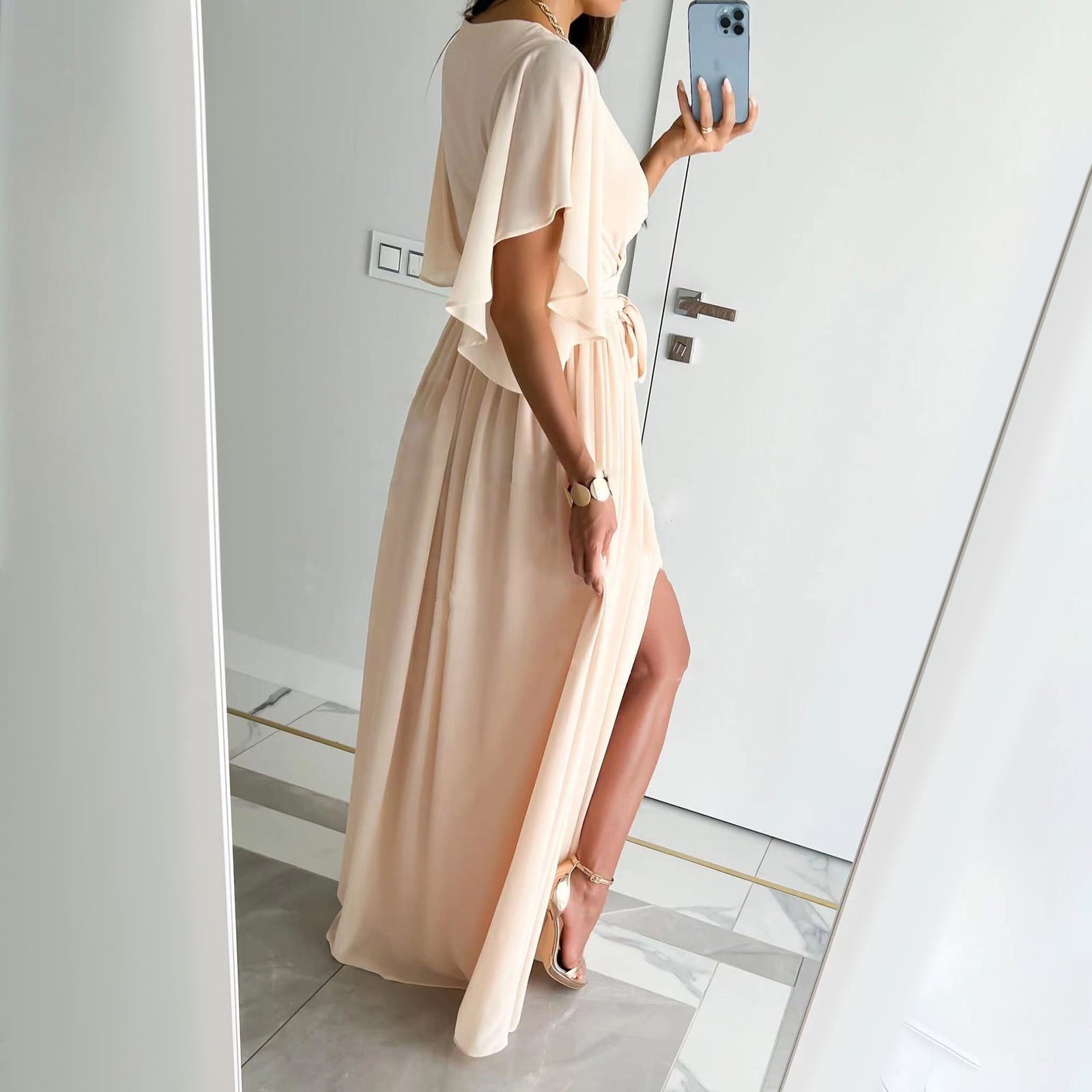 Wrap Maxi Dress with Flutter Sleeves and Adjustable Tie, Lightweight Crepe Floor Length