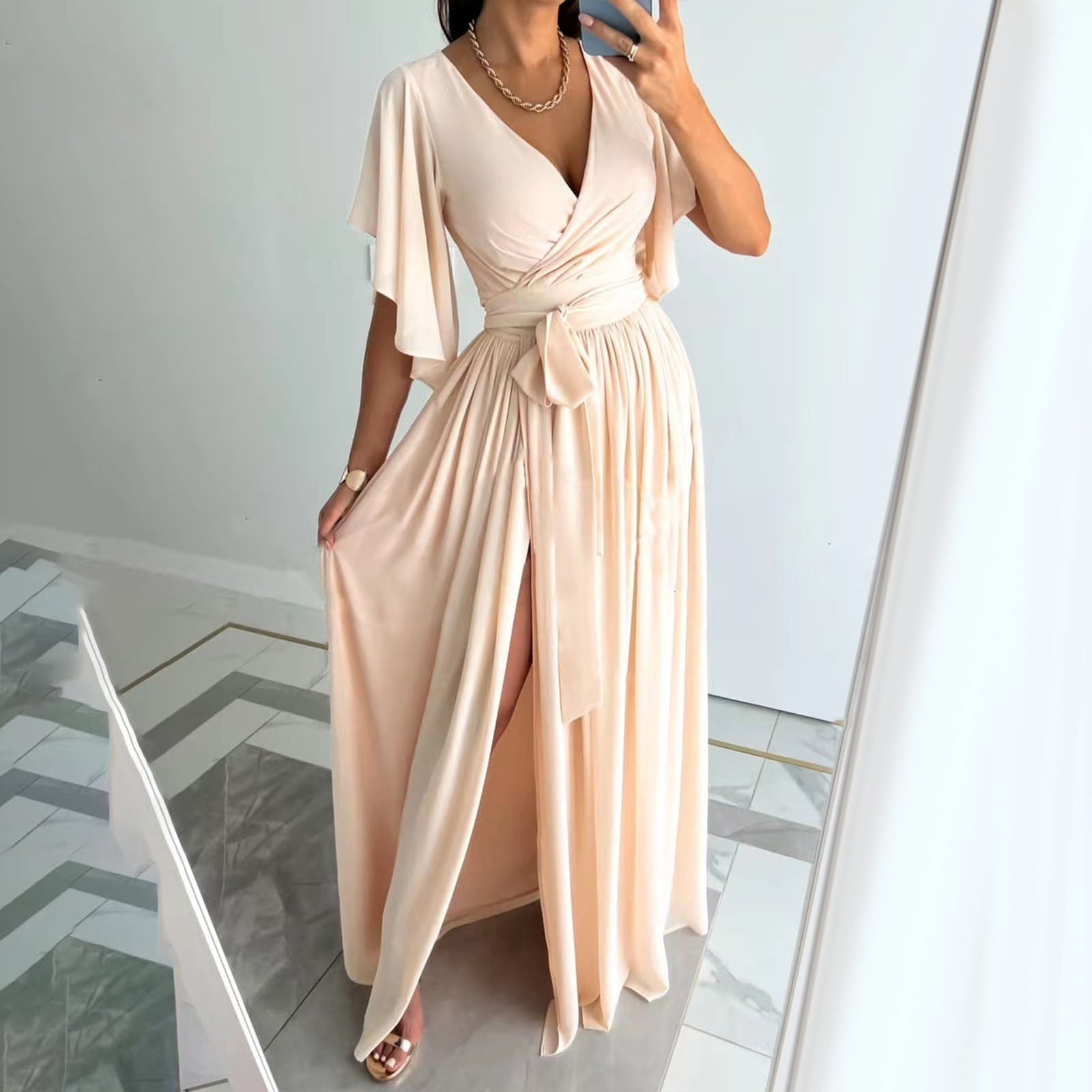 Wrap Maxi Dress with Flutter Sleeves and Adjustable Tie, Lightweight Crepe Floor Length