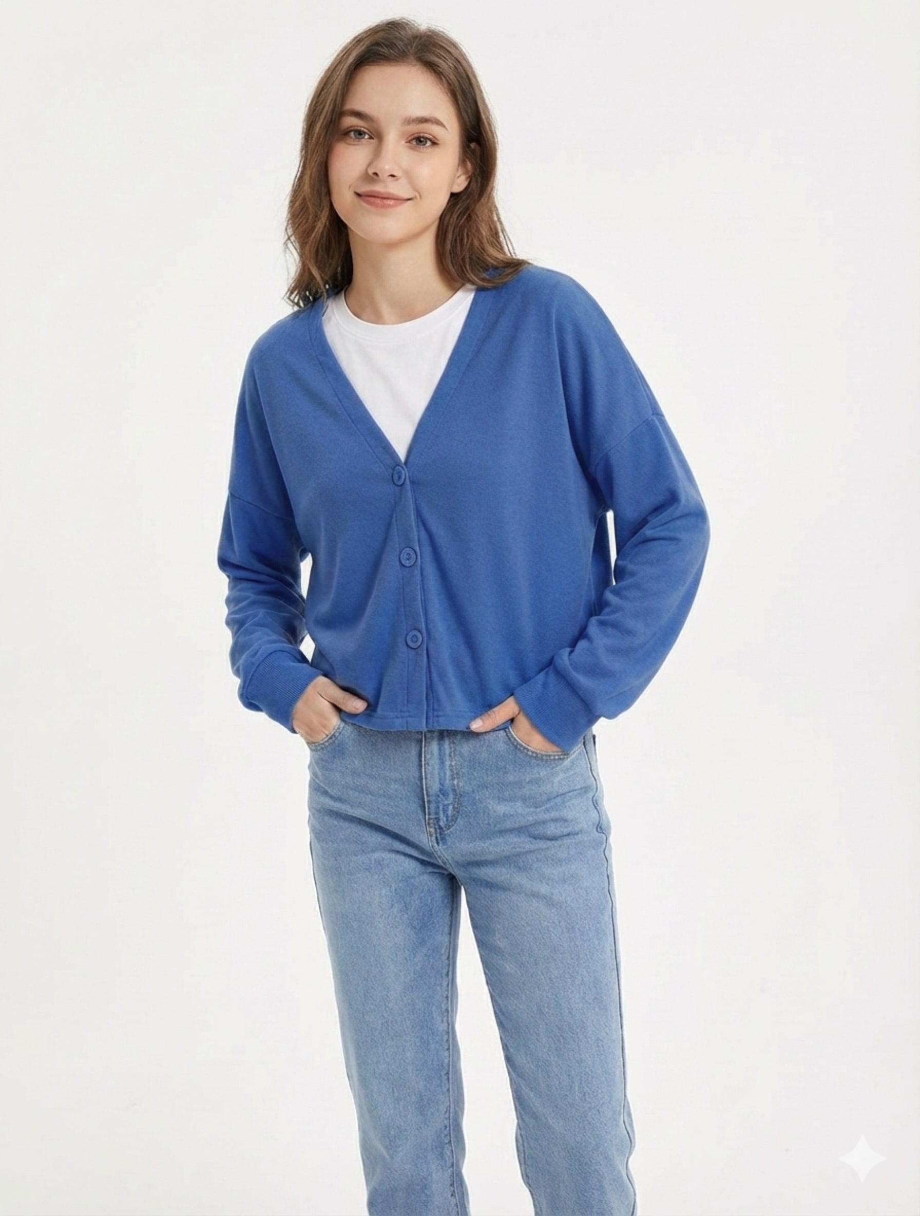 Button-Front Cardigan with Textured Knit and Relaxed Fit, Hip-Length Long Sleeve