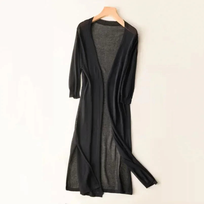 Longline Knit Cardigan with Open Front and Relaxed Fit for Women, Lightweight Layer