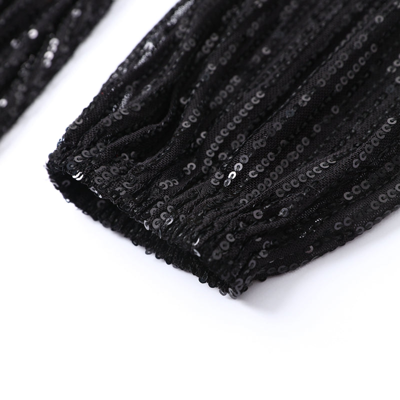 Sequin Mini Dress with Long Sleeves and Self-Tie Belt, Boat Neck