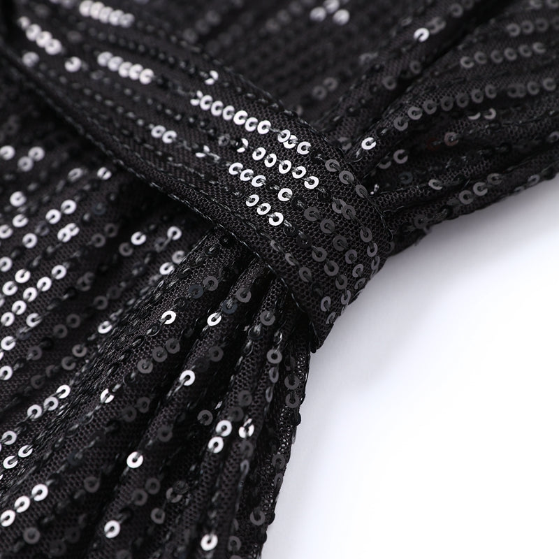 Sequin Mini Dress with Long Sleeves and Self-Tie Belt, Boat Neck