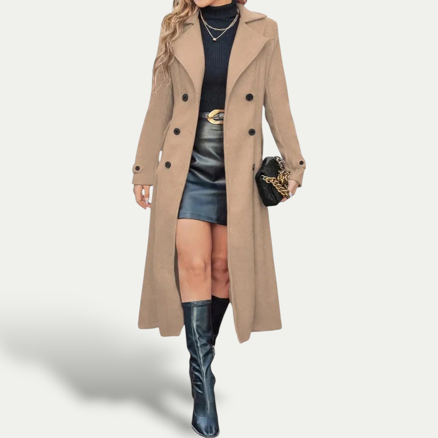 Double-Breasted Longline Coat, Structured Shoulders for Women