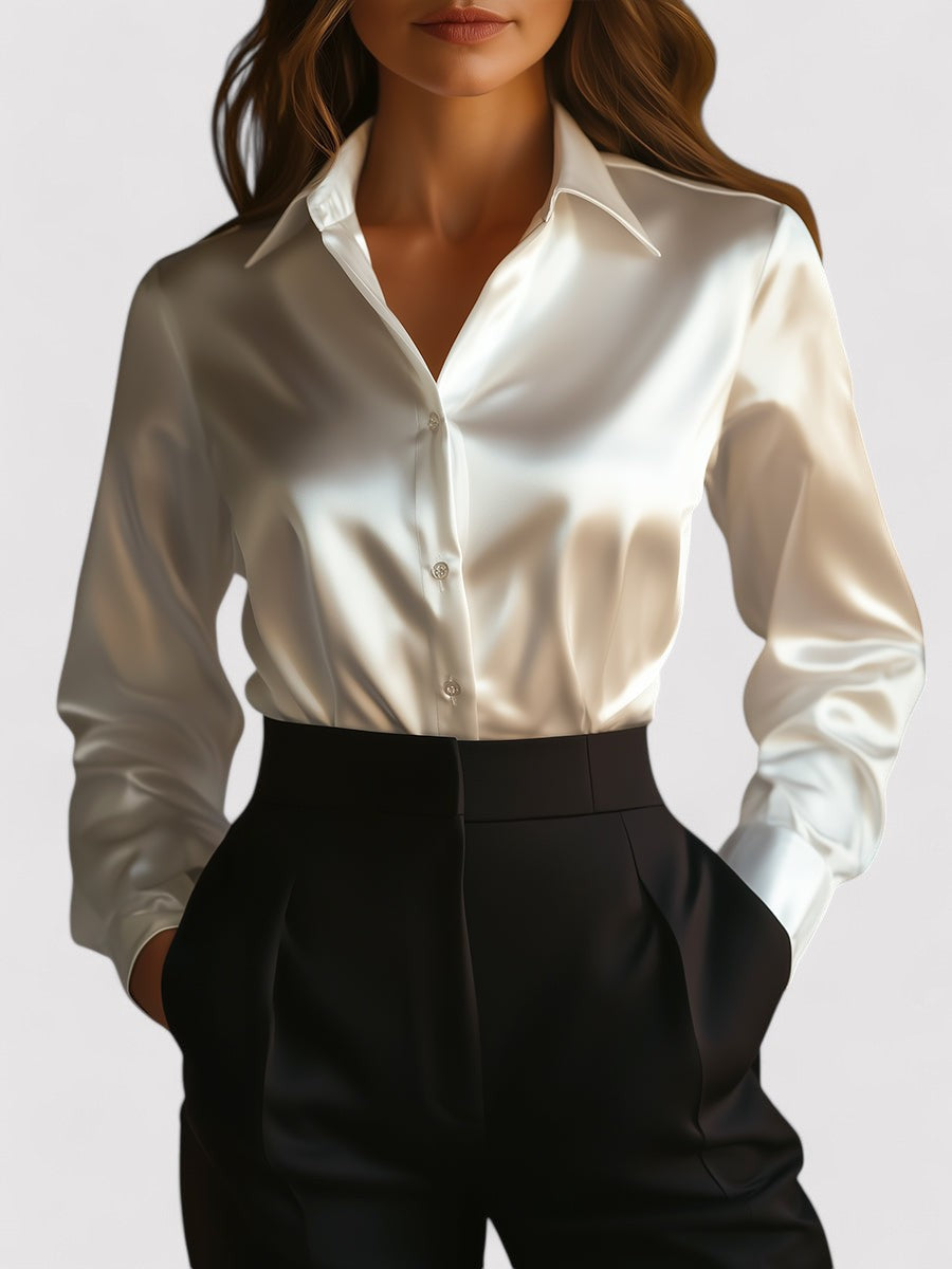 Satin Blend Blouse with Long Sleeves and Classic Collar, Relaxed Fit