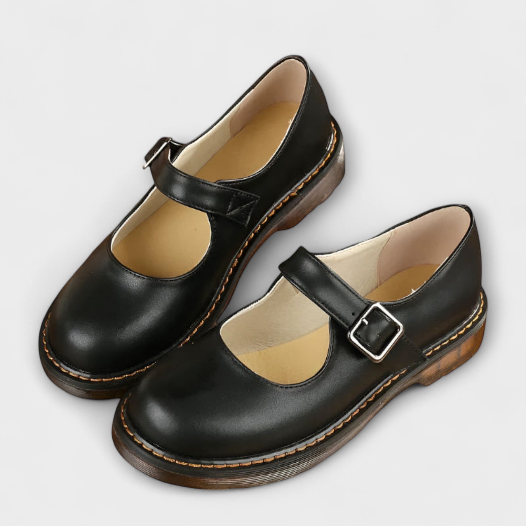 Women's Round Toe Mary Jane Flats with Adjustable Buckle Strap and Cushioned Low Heel