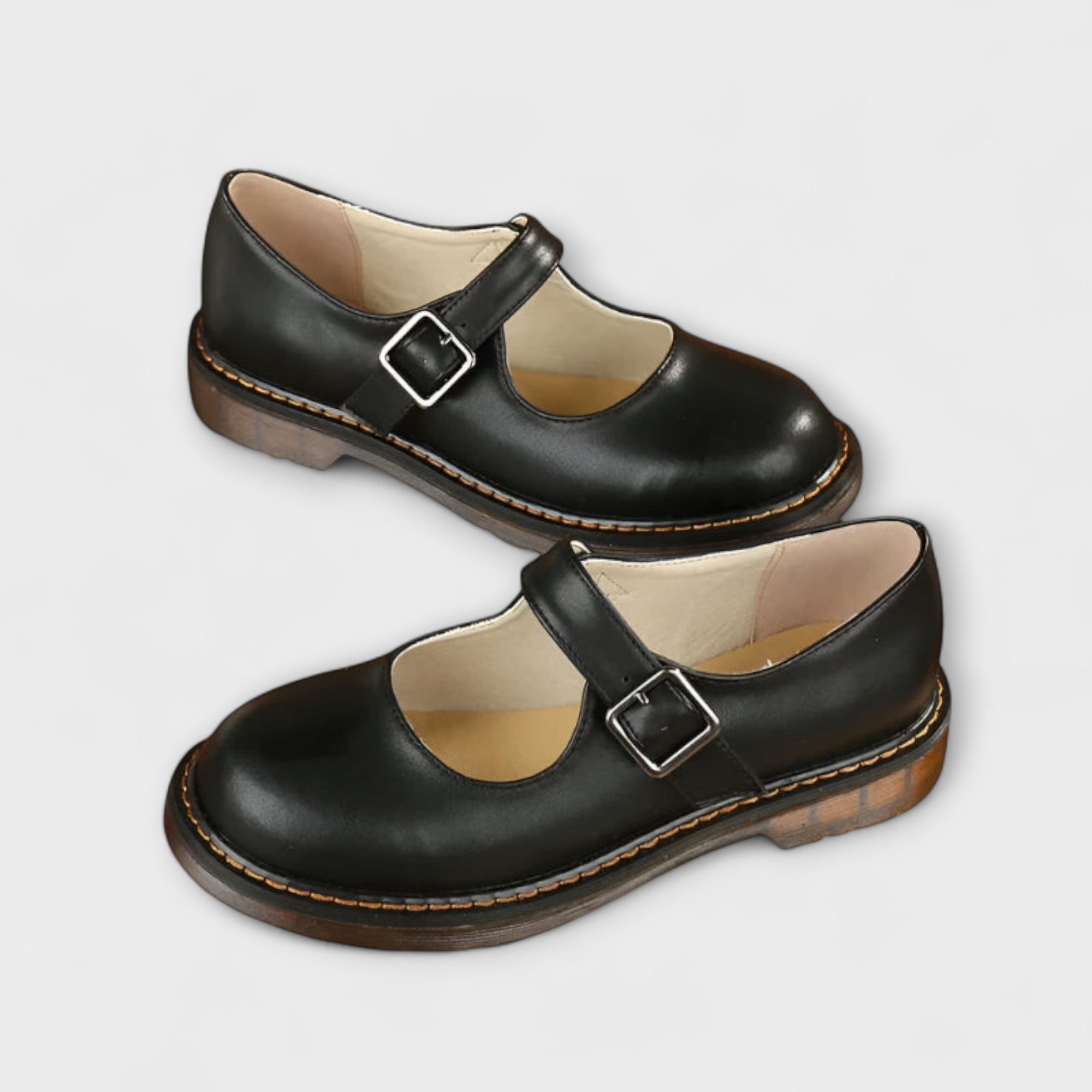 Women's Round Toe Mary Jane Flats with Adjustable Buckle Strap and Cushioned Low Heel