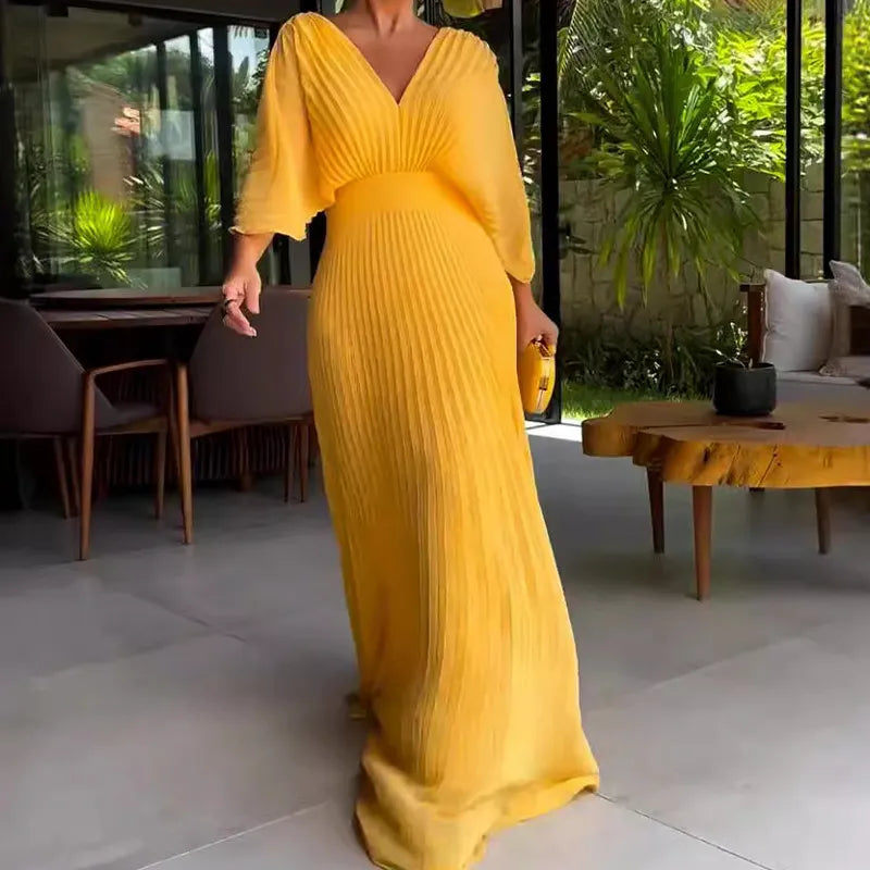 Women's Pleated Evening Gown with Cape Sleeves, Floor-Length