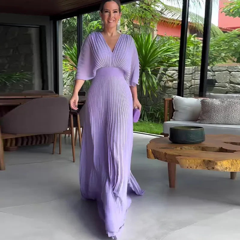 Women's Pleated Evening Gown with Cape Sleeves, Floor-Length