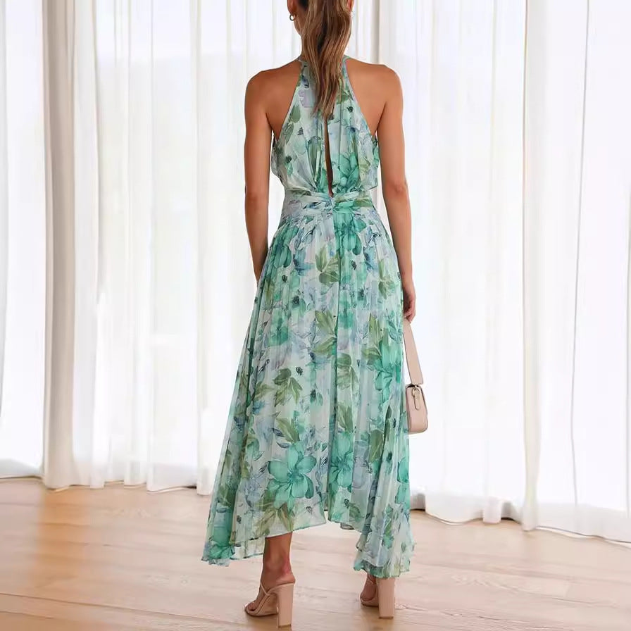 Watercolor Floral Halter Midi Dress with Keyhole Detail and Wrap Waist
