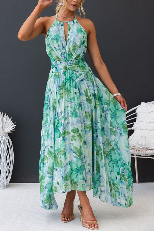 Watercolor Floral Halter Midi Dress with Keyhole Detail and Wrap Waist
