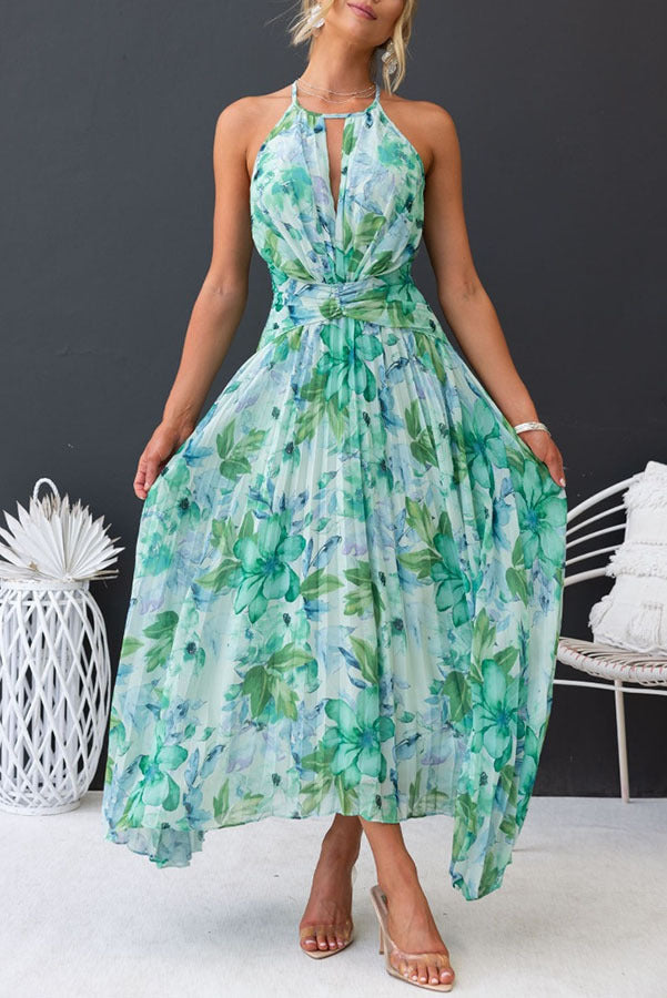Watercolor Floral Halter Midi Dress with Keyhole Detail and Wrap Waist