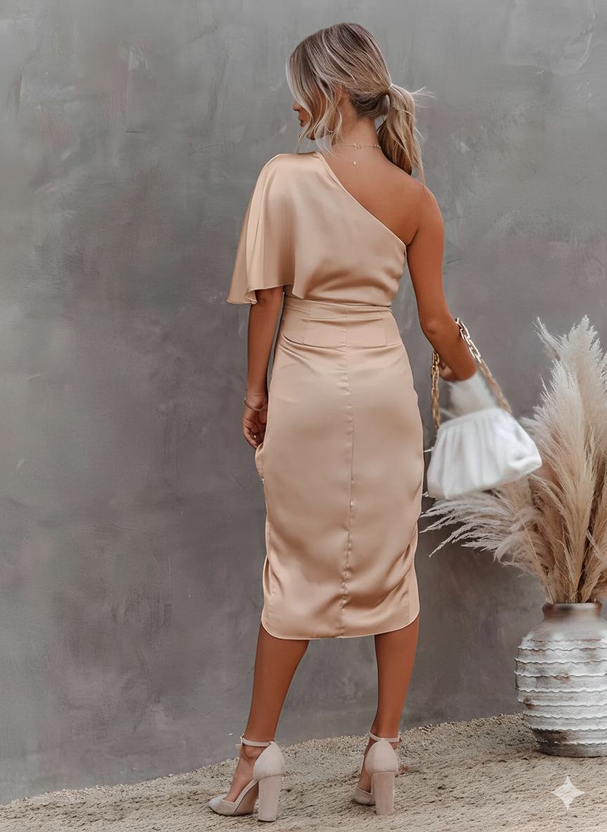 One Shoulder Midi Dress with Ruched Detailing and Side Zipper, Stretch Knit