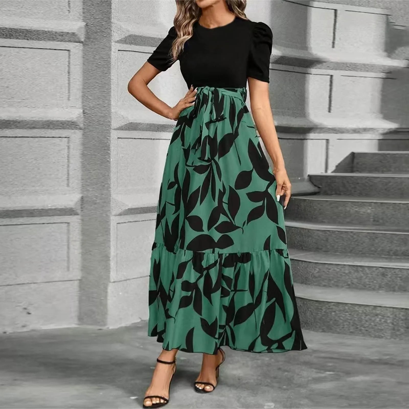 Maxi Dress with Adjustable Tie Waist and Short Sleeves, Lightweight Woven Fabric