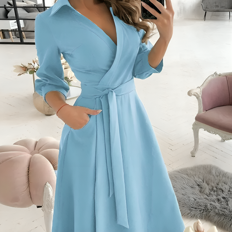 Women's Wrap Midi Dress with V-Neck and Adjustable Tie Belt