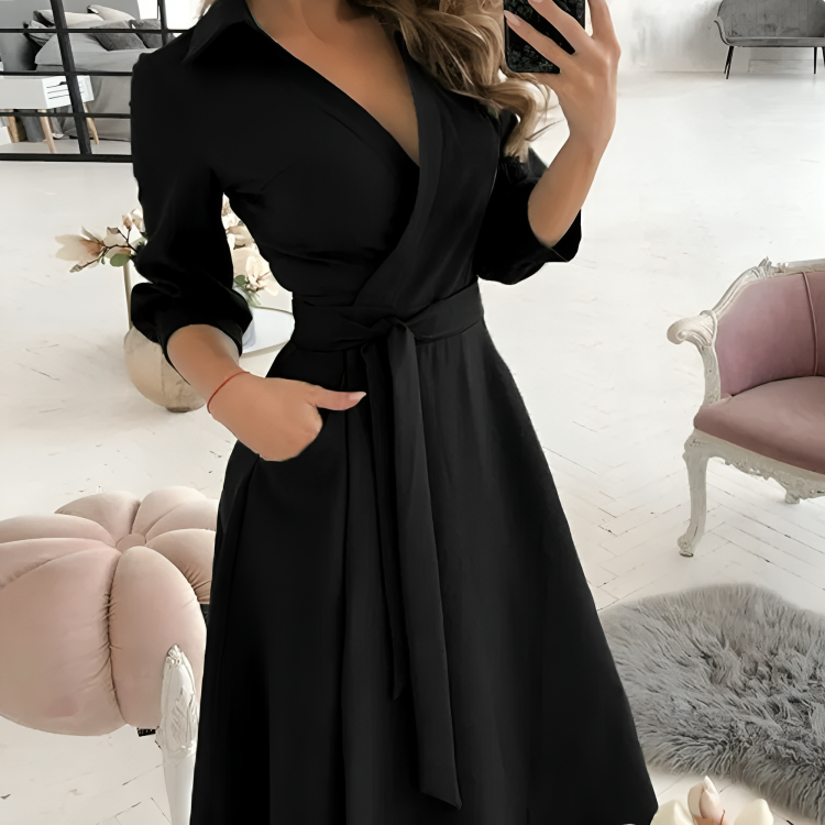 Women's Wrap Midi Dress with V-Neck and Adjustable Tie Belt