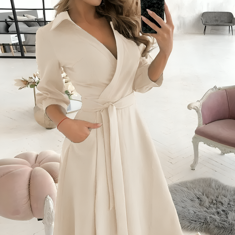 Women's Wrap Midi Dress with V-Neck and Adjustable Tie Belt