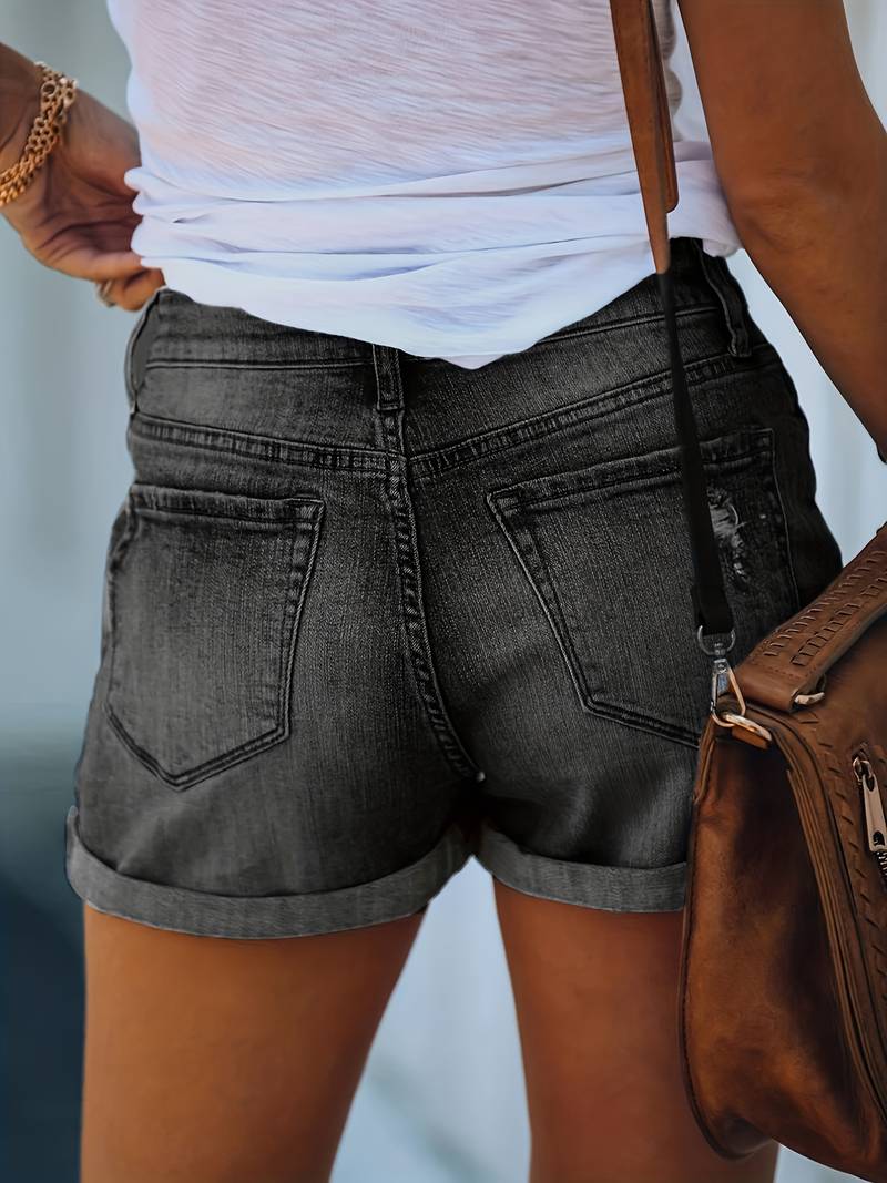 Women's Denim Jorts with Rolled Hem and Double Button, Relaxed Mid-Rise