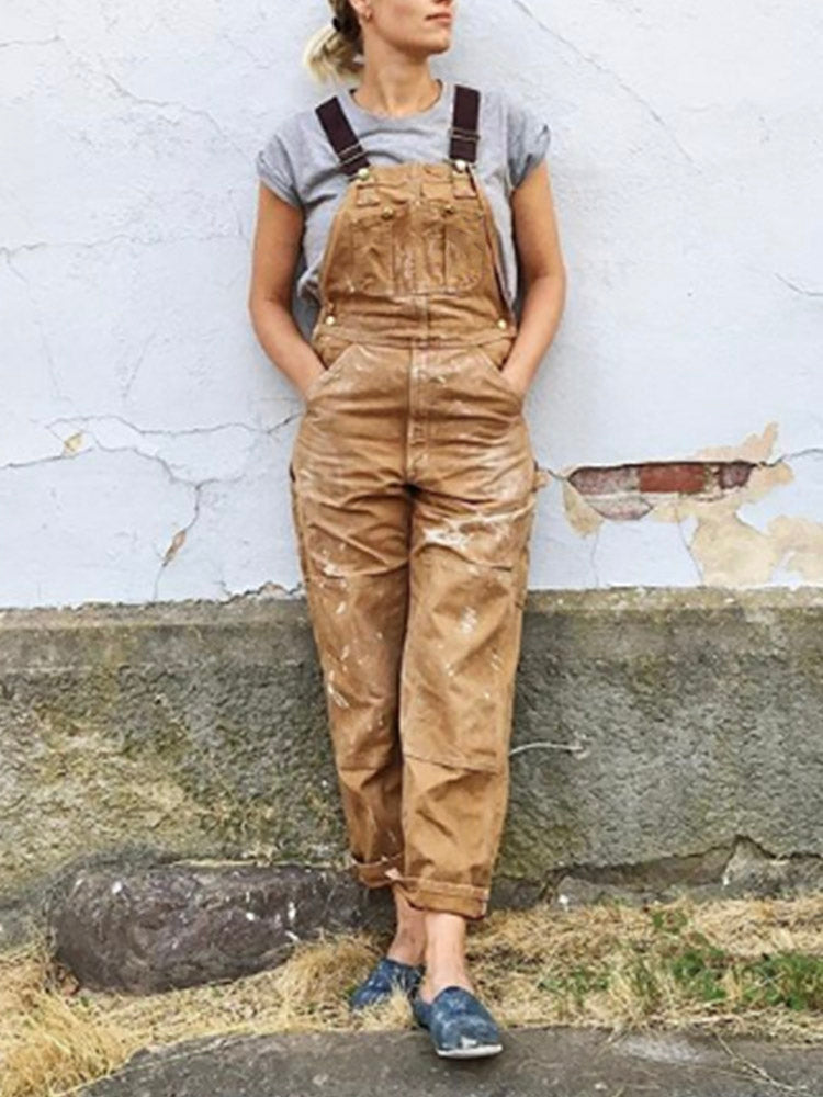 Dungaree Jumpsuit for Women with Adjustable Straps and Multiple Pockets, Relaxed Fit