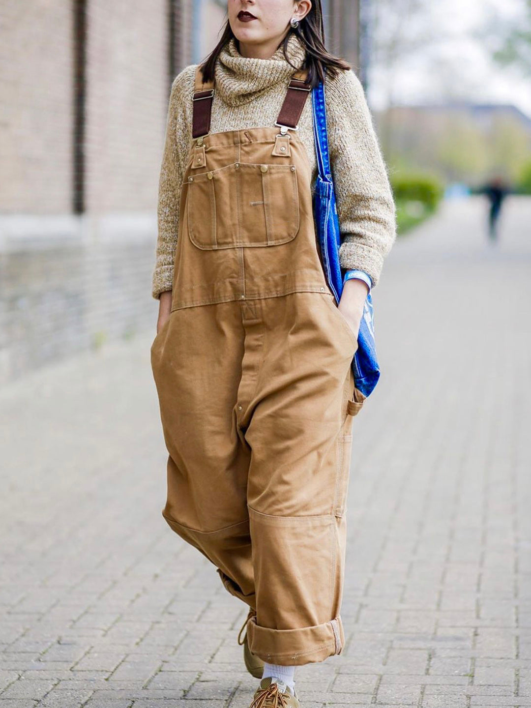 Dungaree Jumpsuit for Women with Adjustable Straps and Multiple Pockets, Relaxed Fit