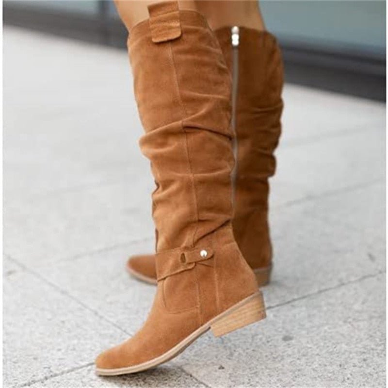 Women's Knee-High Slouch Boots with Low Block Heel and Pull-On Design