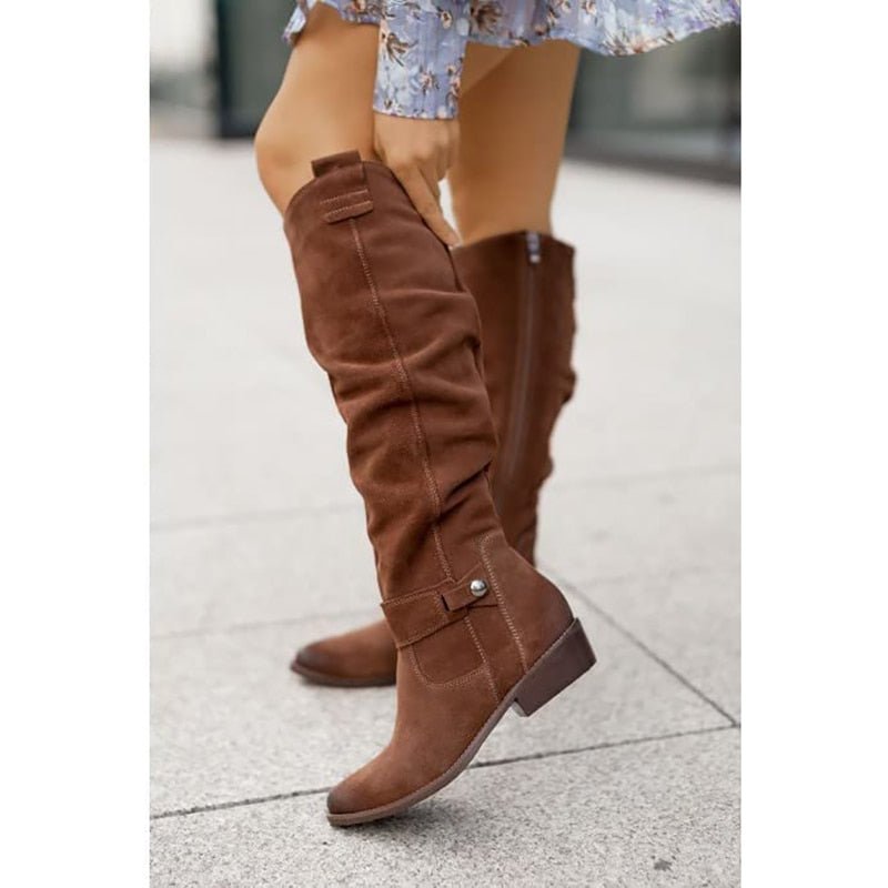 Women's Knee-High Slouch Boots with Low Block Heel and Pull-On Design