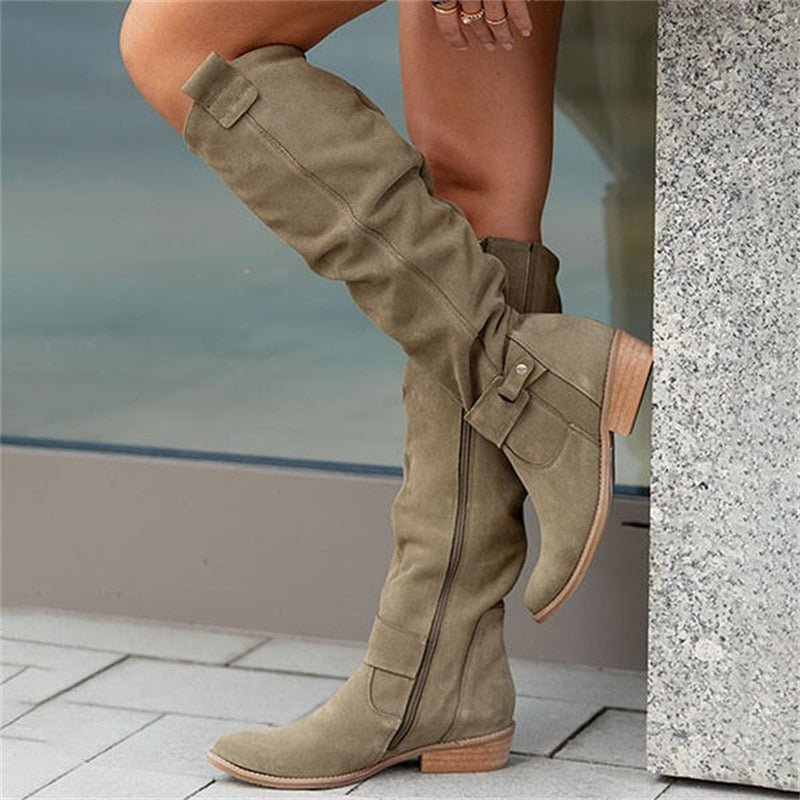 Women's Knee-High Slouch Boots with Low Block Heel and Pull-On Design