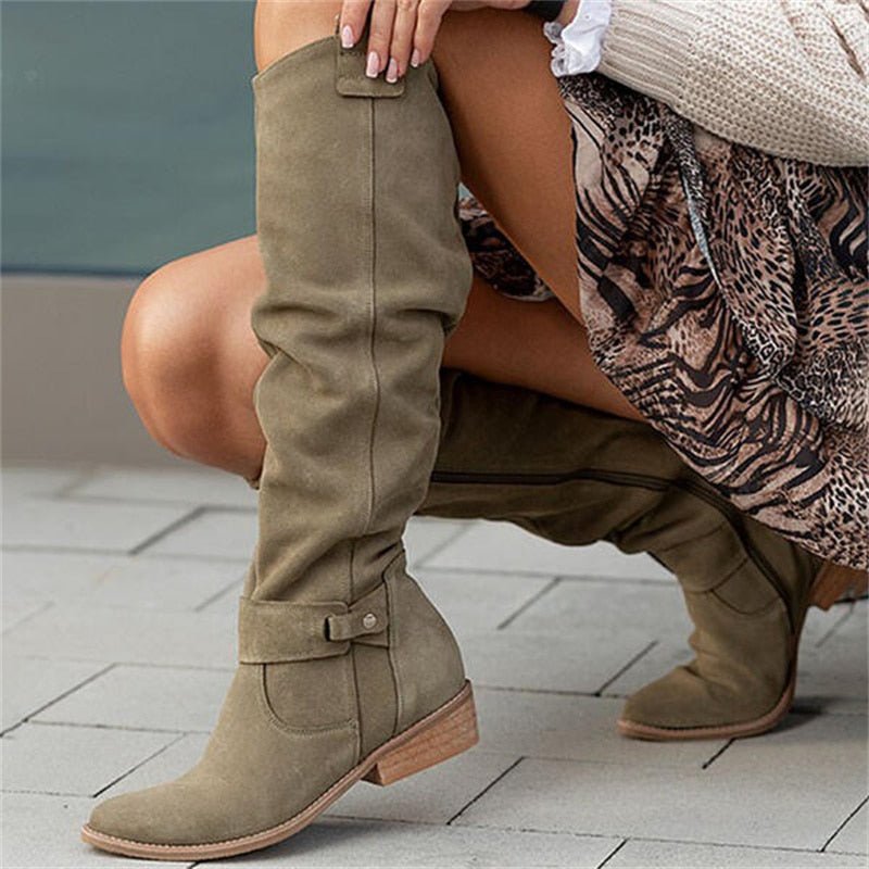 Women's Knee-High Slouch Boots with Low Block Heel and Pull-On Design