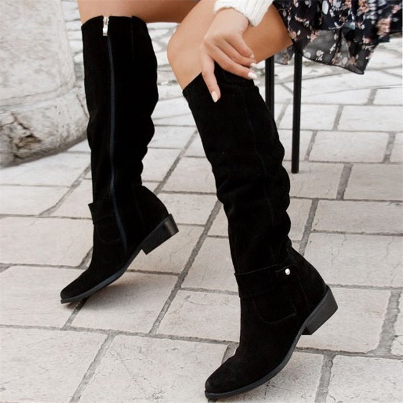 Women's Knee-High Slouch Boots with Low Block Heel and Pull-On Design