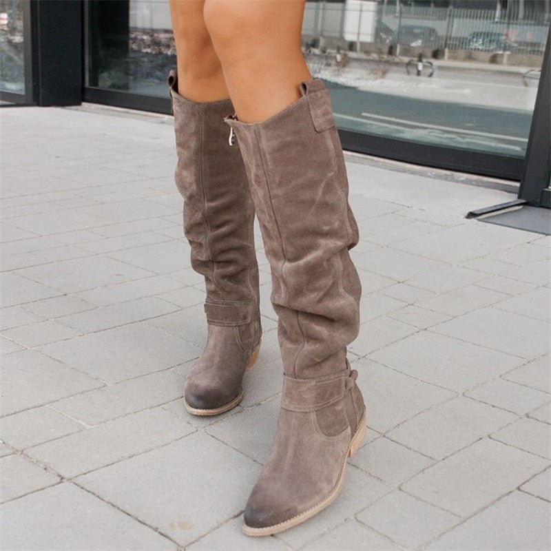 Women's Knee-High Slouch Boots with Low Block Heel and Pull-On Design
