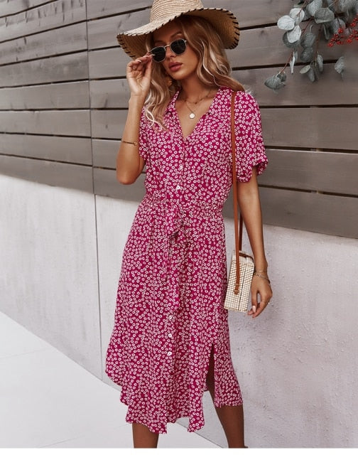 Floral Midi Dress with V Neckline and Self Tie Waist, Button Front, Gathered Sleeves