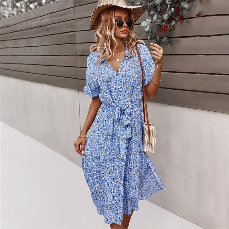 Floral Midi Dress with V Neckline and Self Tie Waist, Button Front, Gathered Sleeves