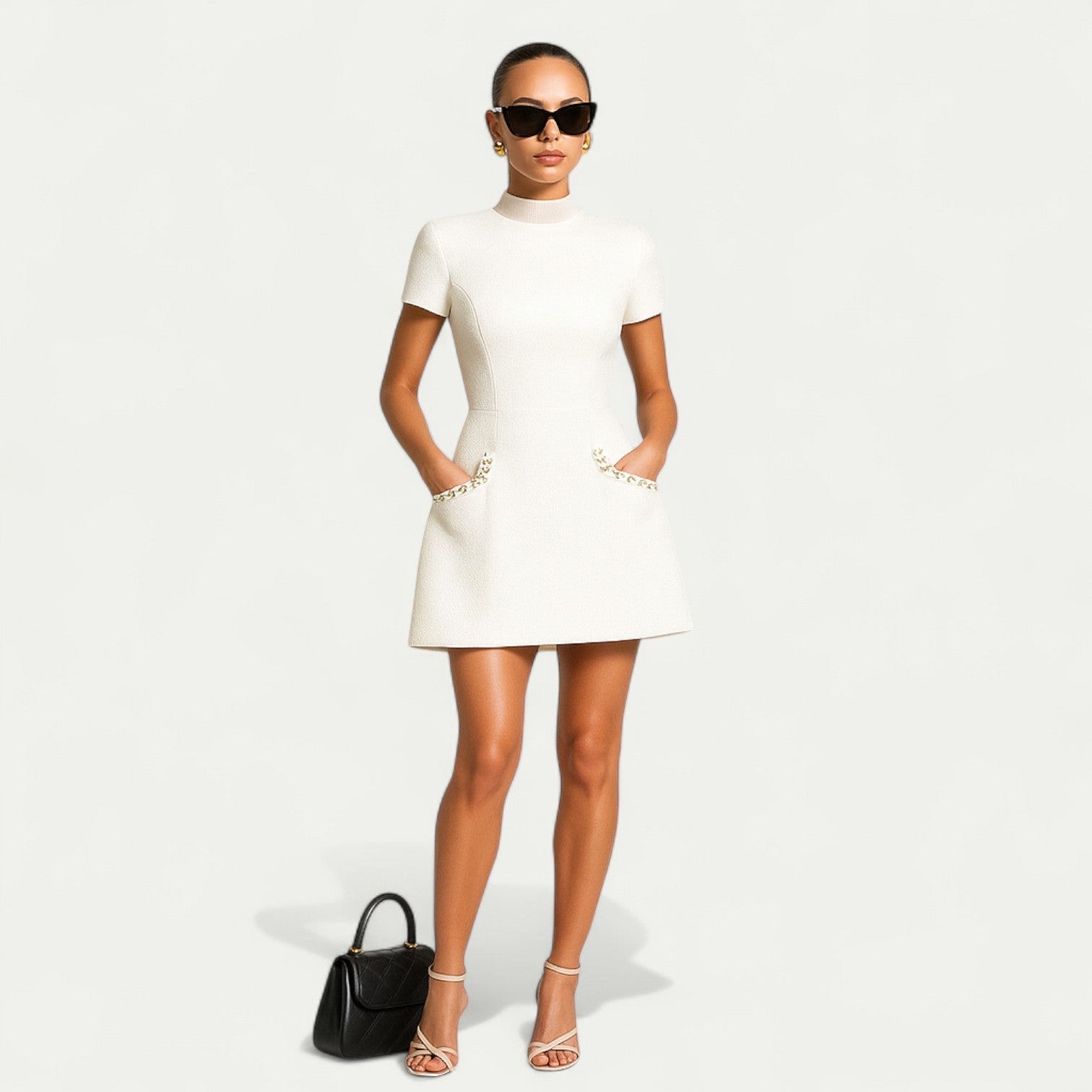 Mini Dress with Pearl Trim Detail and Functional Pockets, Silhouette