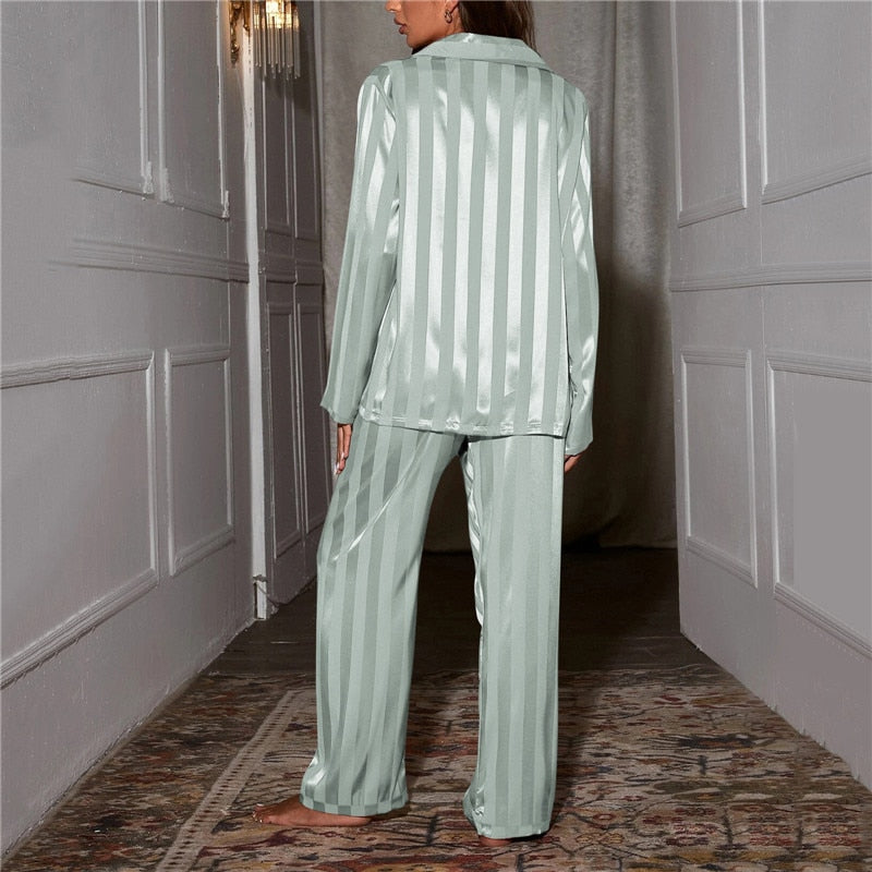 Striped Long Sleeve Pajama Set with Button-Through Shirt and Straight-Leg Pants