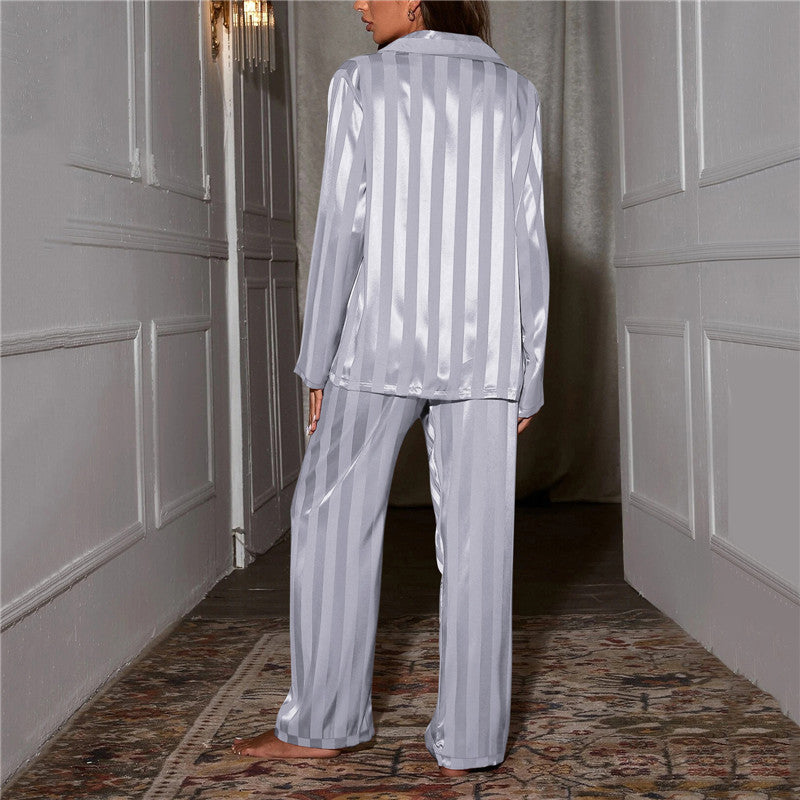 Striped Long Sleeve Pajama Set with Button-Through Shirt and Straight-Leg Pants