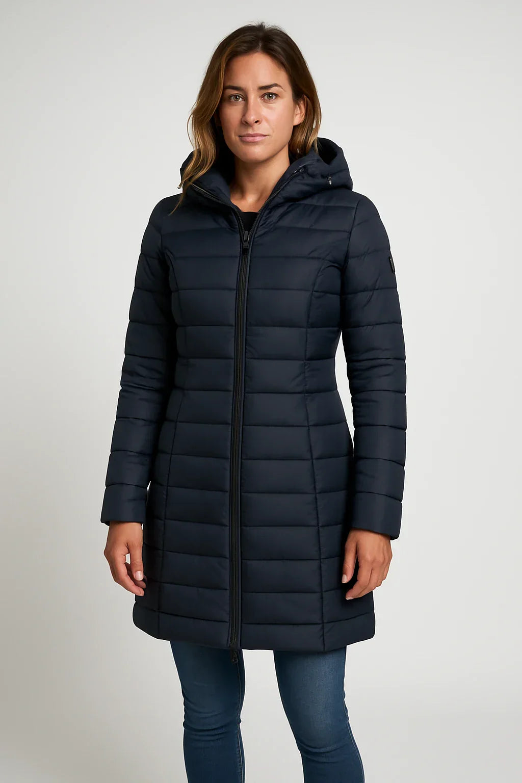 Women's Quilted Puffer Jacket with Detachable Hood and Mid-Length Fit