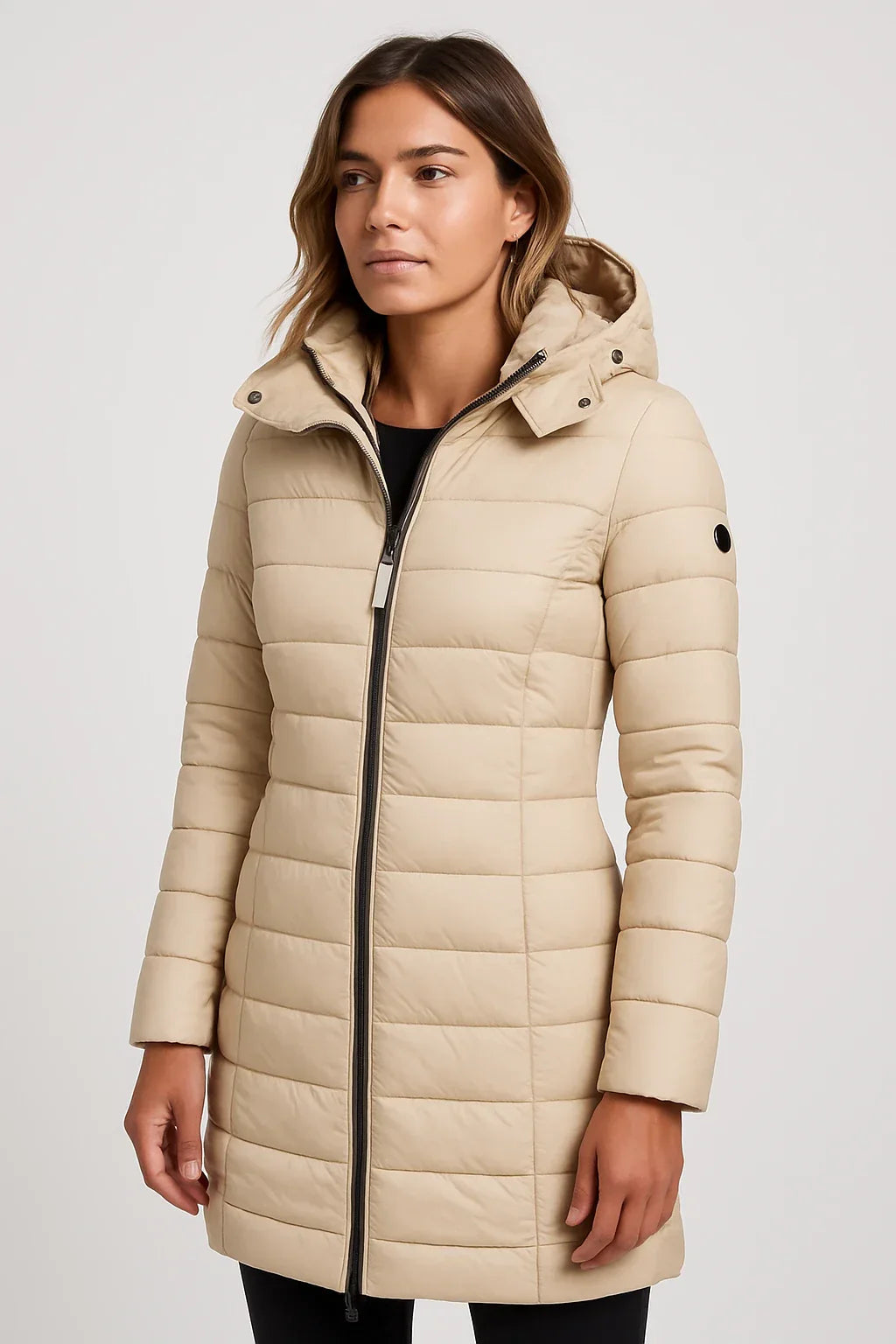 Women's Quilted Puffer Jacket with Detachable Hood and Mid-Length Fit