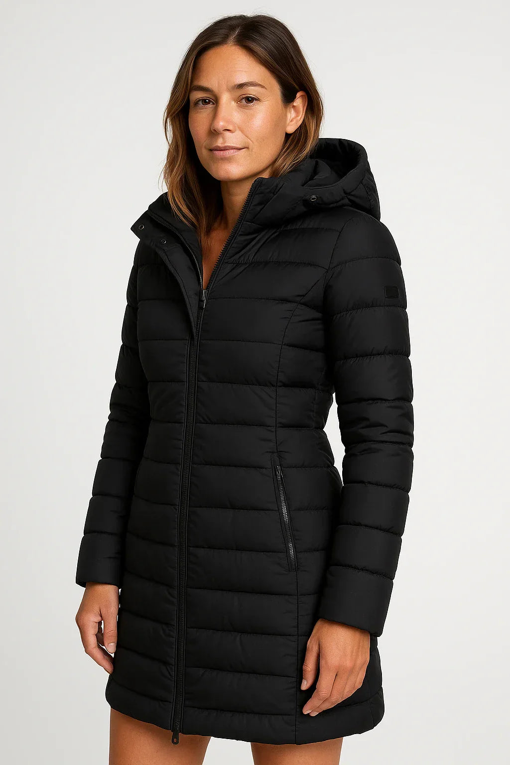 Women's Quilted Puffer Jacket with Detachable Hood and Mid-Length Fit