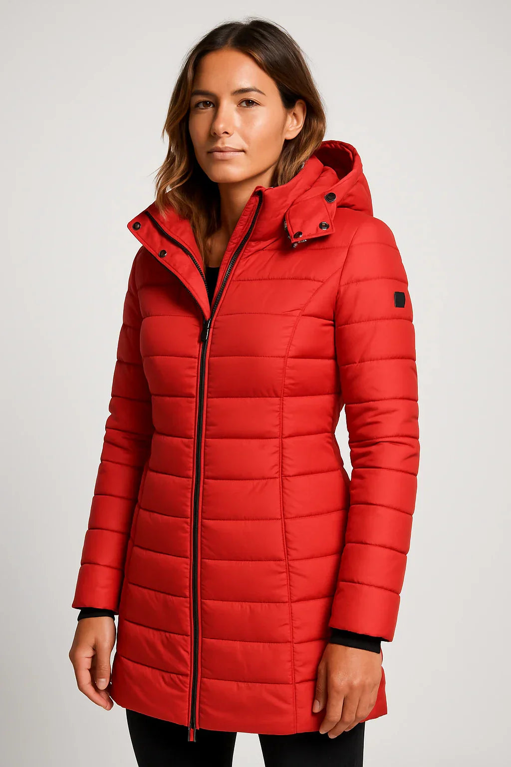 Women's Quilted Puffer Jacket with Detachable Hood and Mid-Length Fit