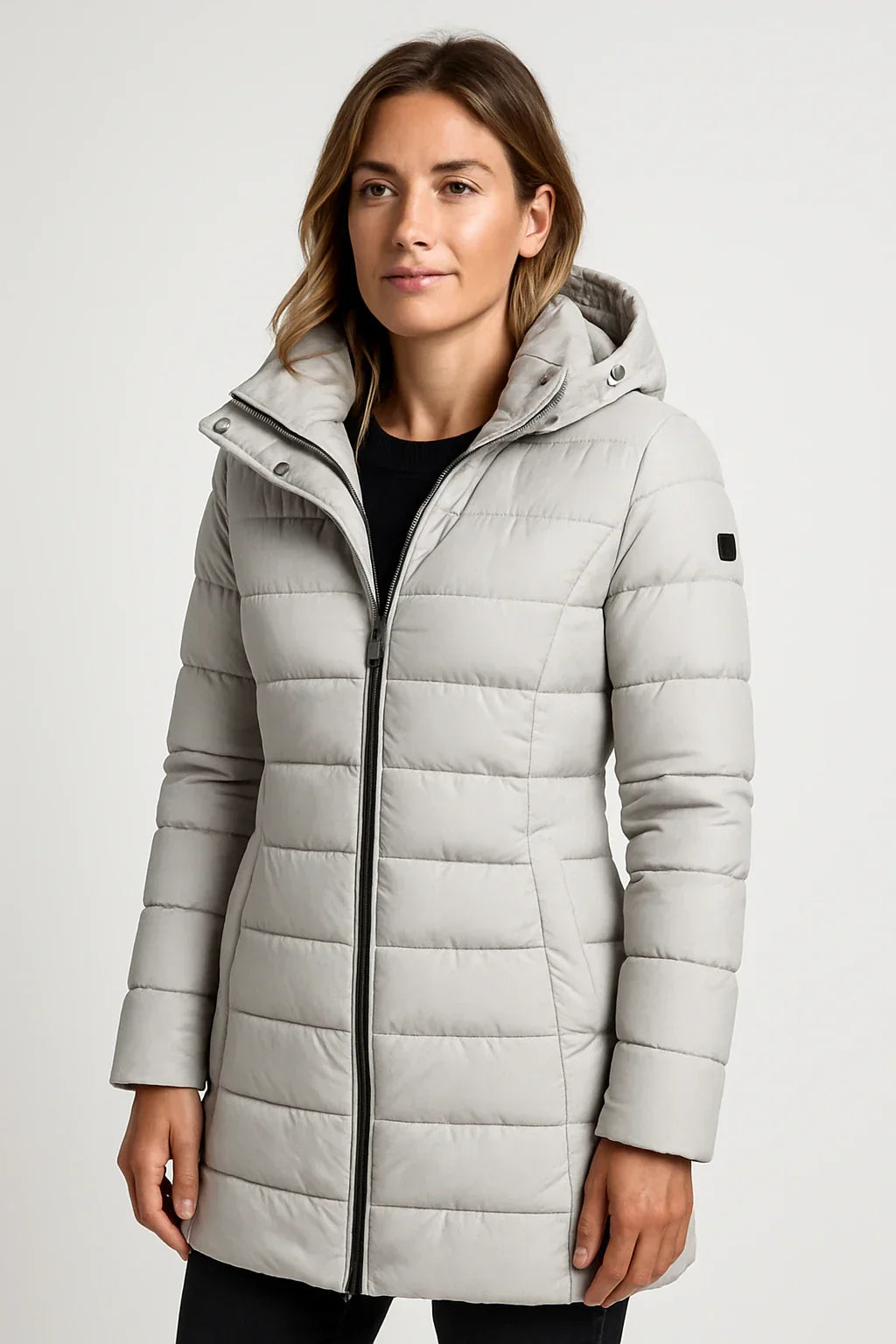 Women's Quilted Puffer Jacket with Detachable Hood and Mid-Length Fit
