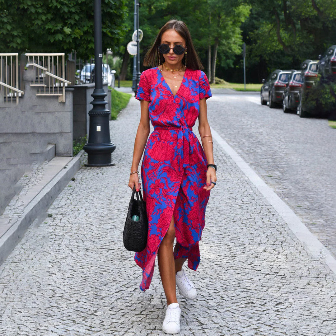 Floral Wrap Maxi Dress with Adjustable Tie Waist and V Neckline, Full Length