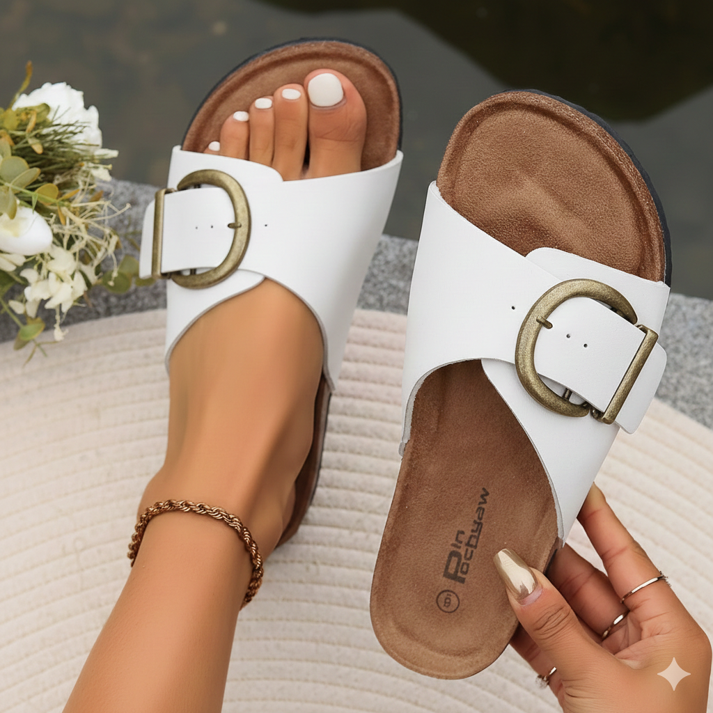 Women's Slide Sandals with Oversized Buckle and Contoured Footbed, Wide Strap