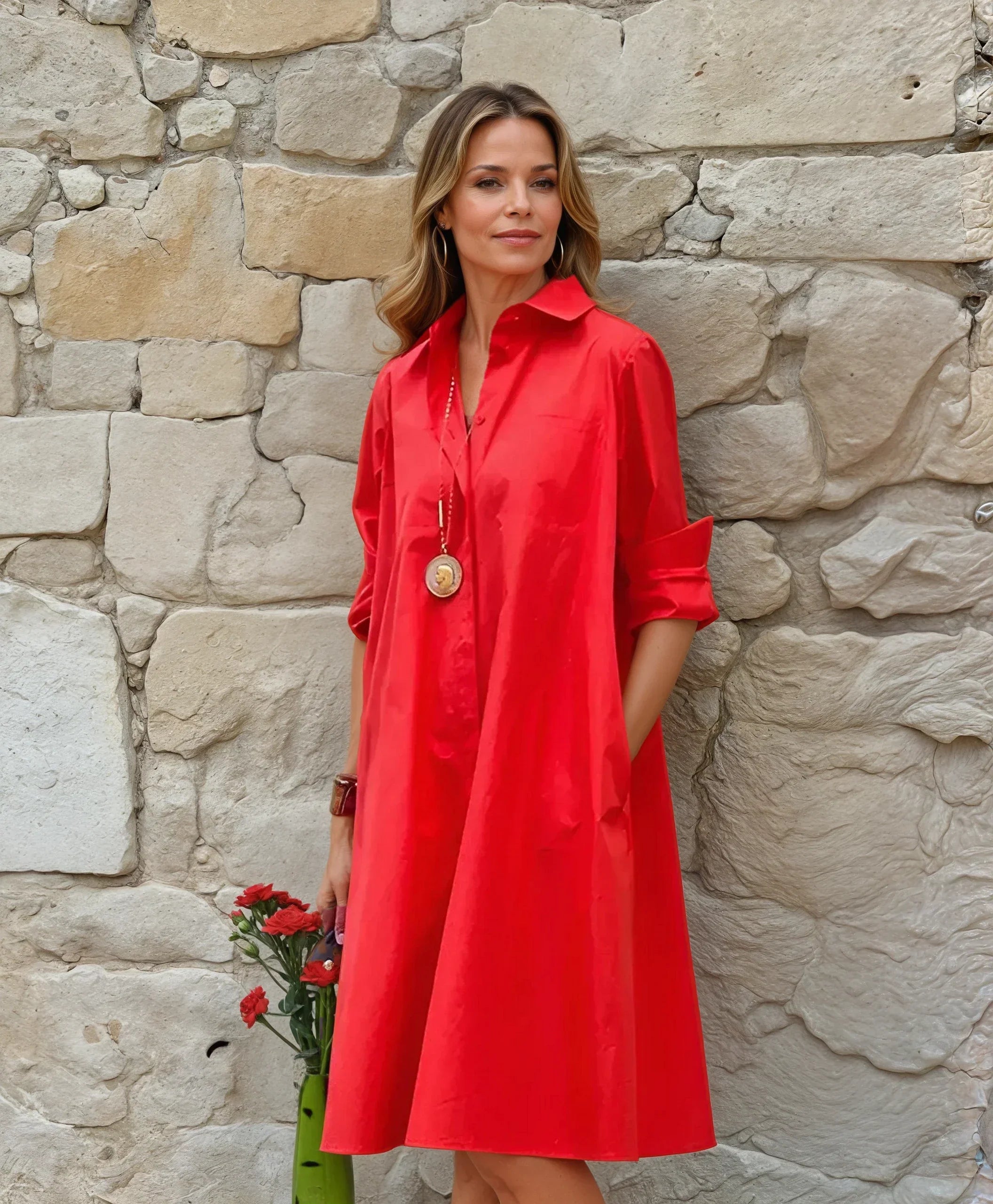 Shirt Dress for Women with Button Front and Relaxed Fit, Knee-Length, Machine Washable