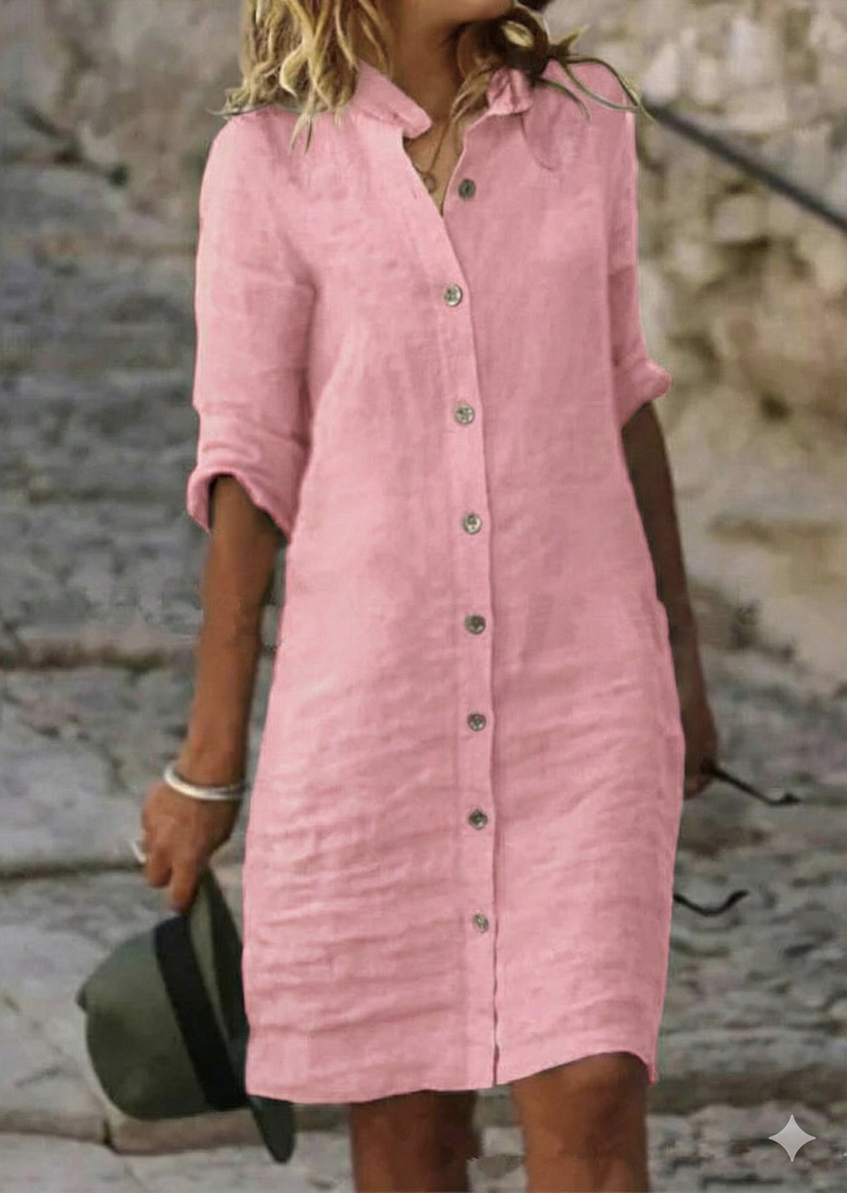 Shirt Dress with Button Front and Half Sleeves, Relaxed Straight Fit