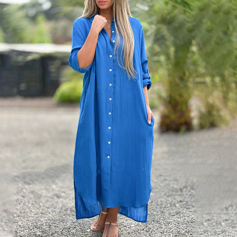 Women's Maxi Shirt Dress with Relaxed Shirt Silhouette and Long Sleeves, Front Button Placket