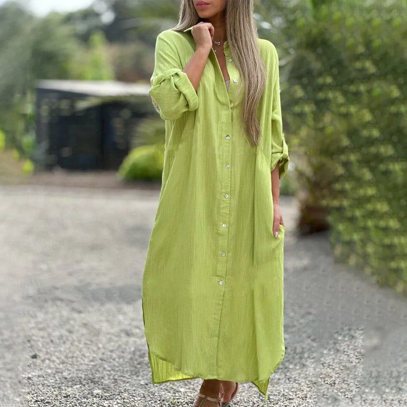 Women's Maxi Shirt Dress with Relaxed Shirt Silhouette and Long Sleeves, Front Button Placket