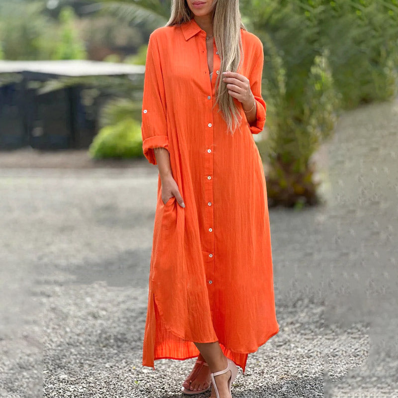 Women's Maxi Shirt Dress with Relaxed Shirt Silhouette and Long Sleeves, Front Button Placket