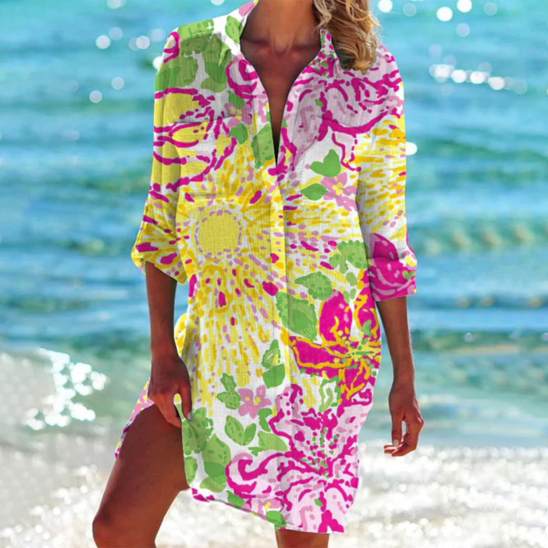 Shirt Dress with Tie-Dye Print and Button-Down Front, Lightweight Breathable Fabric